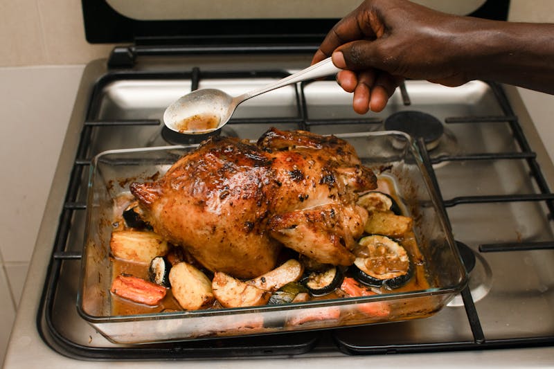 Coal fired half chicken with roasted vegetables